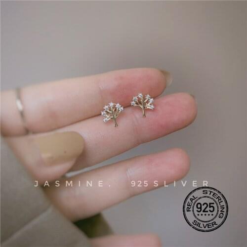 S925 Sterling Silver Earrings Set Sparkling Gold Lovely Zircon Trees Plant Simple Mini Punk Design Students Party Jewelry INEFFA