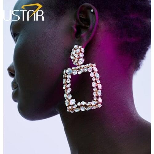 USTAR Shiny Crystals Statement Earrings for Women Geometric Square Dangle Drop Earrings female Fashion Jewelry hanging Oorbellen