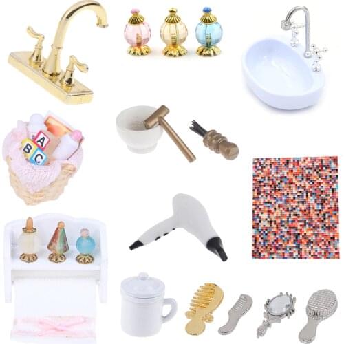 Towel Rack Shower Faucet Tissue Toothbrush Toothpaste Cup Baskets Hair Dryer 1/12 Dollhouse Bathroom DIY Furniture Accessories