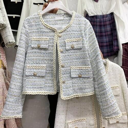 Short coat autumn and winter new tweed temperament all-match long-sleeved round neck pocket casual French jacket women