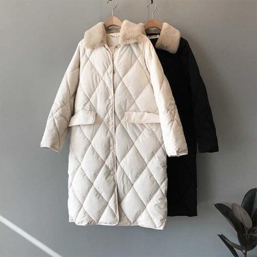 Wenfly Women Winter Fur Collar Oversize Loose Rhombus Pattern Parkas Pocket Female Warm Long Cotton Single Breasted Outwears