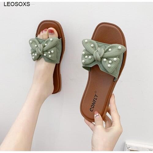 2021 Summer New Bow Knot Ladies Slippers Outer Wear Fashion Fla TCasual Beach Women Soft Bottom Flip Flops