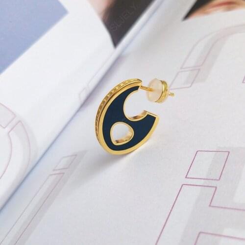 SLJELY 1pc High Quality 925 Sterling Silver Small Navy Enamel Hollow Out Oval Single Earring Paved Zircon Women Fashion Jewelry