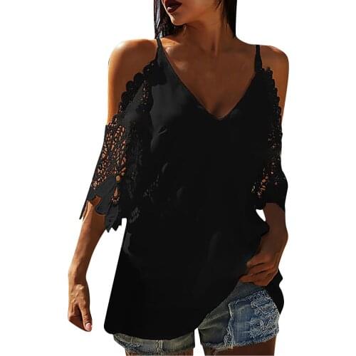 Plus Size Womens Tops And Blouses Womens Loose Halter Lace Hollow Sleeve Sling Blouse Top Blouse Blusas Mujer De Moda 2021