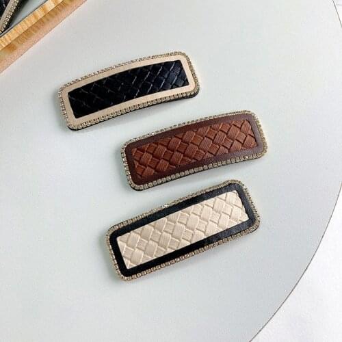 PU Leather Plaid Grid Women Barrettes Hairpins London High-end Pure Color Weave Leather Square Hair Clips Accessories Headdress