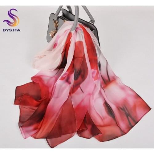 [BYSIFA] Red 100% Natural Silk Chiffon Scarf Shawl Printed Fashion Women Hijabs Scarves Autumn Winter Long Scarves