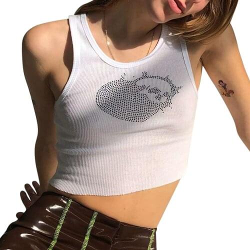 Female Vest, Rhinestones Round Collar Sleeveless Crop Tops Pullover for Summer, White/Black, S/M/L