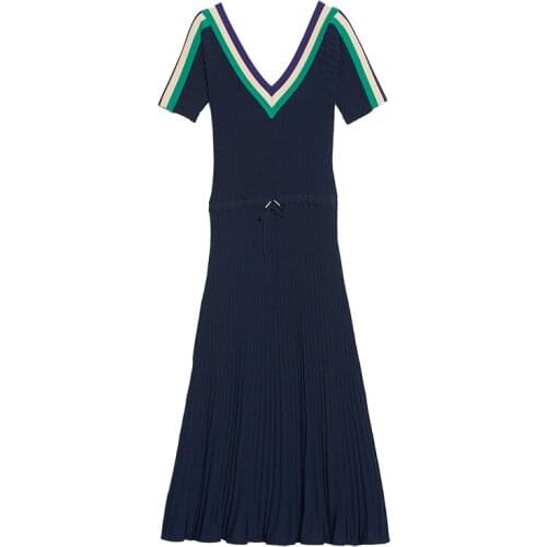 Patads French fashion spring and summer new womens striped V-neck slim sportswear knitted dress r30253e