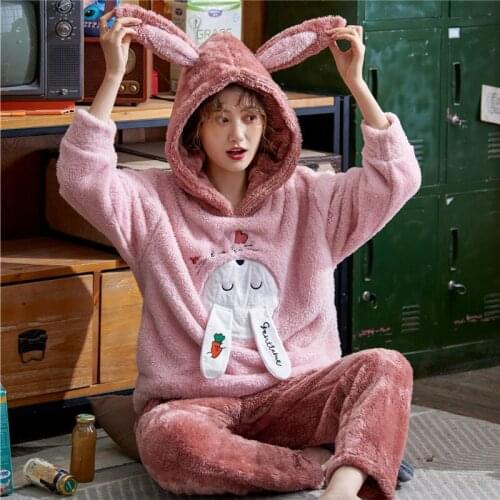Winter Flannel Women Pajamas Sets Coral Fleece Warm Sleepwear Female Pyjamas Hooded Panda Sticth Homewear Thick PiJamas Suits