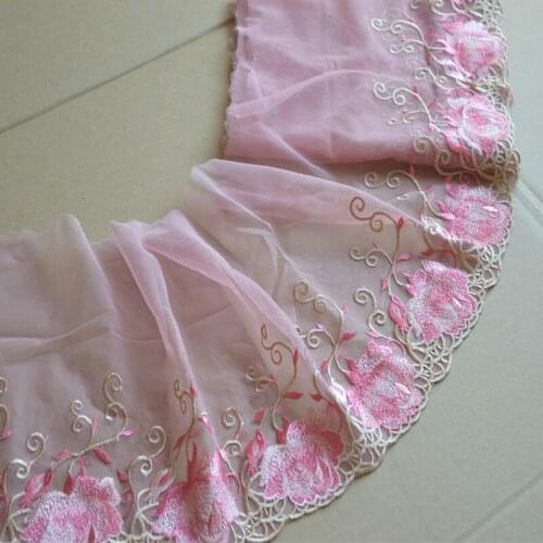 2Yds/Lot 21Cm Wide Pink Gazue Fluorescent Pink Thread Floral Embroidery High Quality Lace Trim For Garments And Wedding