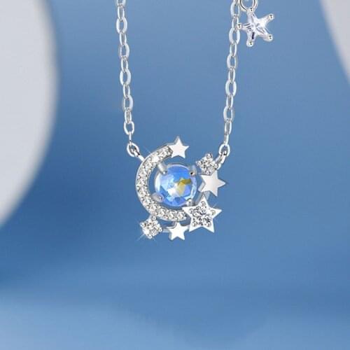 2021 New Design Silver Moonstone Star And Moon Pendant Necklace For Women Light Luxury Temperament Students Jewelry Gift