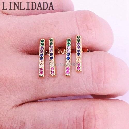 8Pair 2019 Latest Tiny mini cute girls jewelry rainbow cz colorful thin bar gold color stud earring