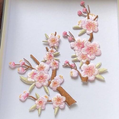 1Pcs Pink Plum Blossoms Embroidery Flower Patch Iron On Patches Applique For Clothes Coat Shoes Bags Jean DIY Floral Accessories