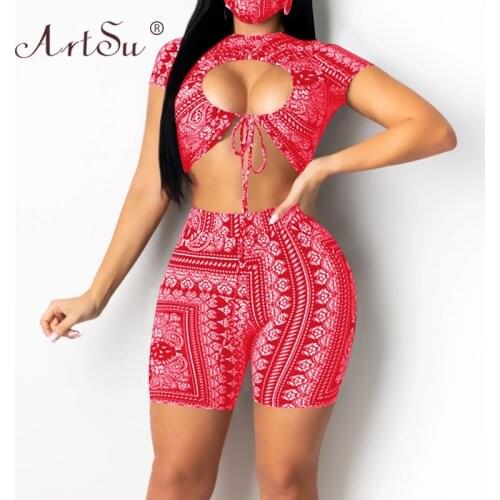 ArtSu Sexy Backless Graphic Short Sleeve Crop Top Shorts Lace Up Two Piece Set Woman Skinny Outfits Streetwear Black Red