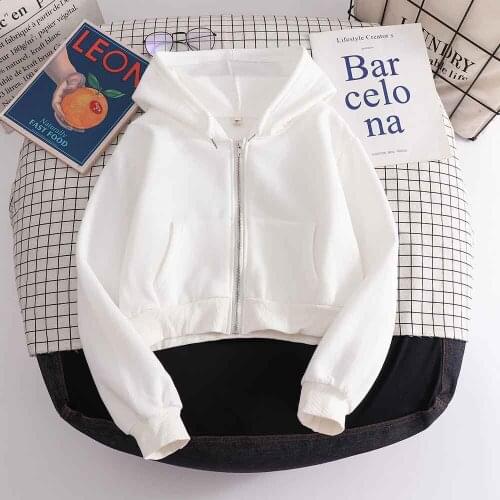 White Zipper Hoodie Women Crop Top Hoodie for Girls Drawstring Sweatshirt Long Sleeve Female Korean Fashion Casual Jacket Women