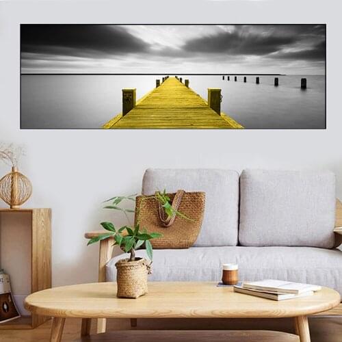 Black White Canvas Painting Abstract Golden Yellow Bridge Poster and Print for Living Room Grey Wall Art Tableau Decor Unframed
