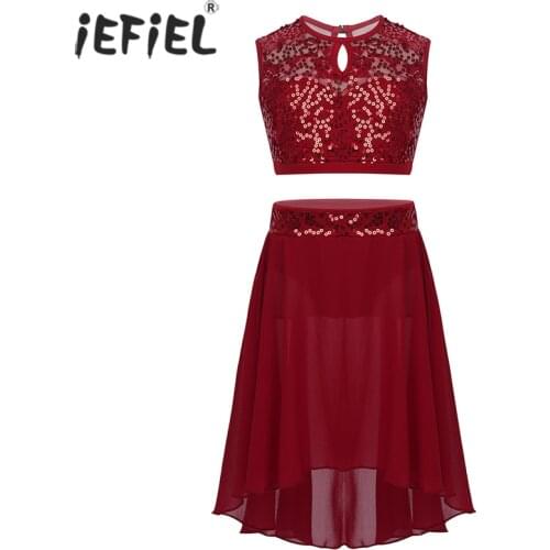Kid Girls Sleeveless Sequined Ballet Dress Teens Gymnastics Figure Skating Lyrical Dance Costumes Crop Top Hem Chiffon Skirt Set