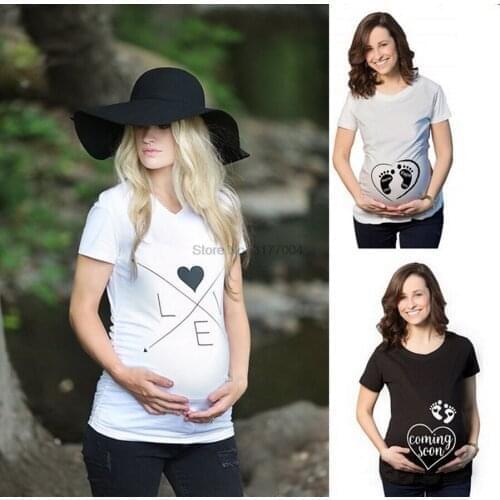 DHL 50pcs Women Maternity Short Sleeve Cartoon Footprint/Love Print T-shirt Pregnancy Clothes