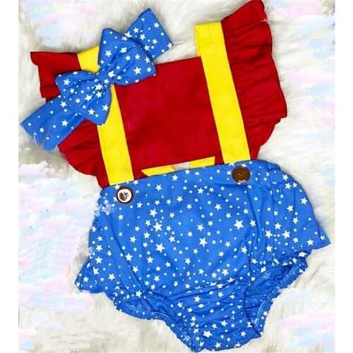 2Pcs Baby Girls Summer Clothes Ruffle Sleeve Star Print Bodysuit Square Collar Jumpsuits with Bowknot Headband Sets