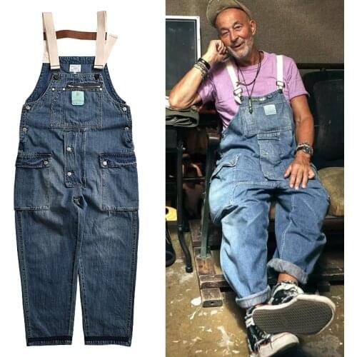 Distressed Blue Denim Overalls Mens Work Cargo Pants Old School Easy Chic Worker Multi-pocket Bib Trousers Men Casual Dad Jeans