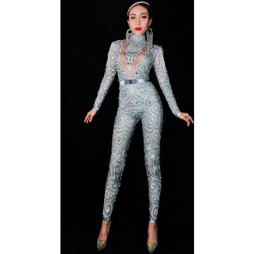 Sparkly Sequin Diamond Women Long Sleeve Black Jumpsuit Nightclub Singer Dancer Performance Stage Wear Bar Evening Prom Costumes