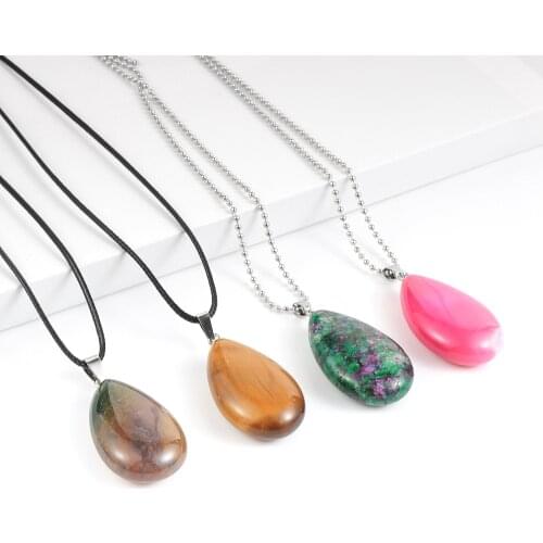 Unisex Men Women Drop Shape Natural Stone Pendant Necklace 4cm Big Pink Quartz Crystal Tiger Eye Stone Pendants 18" Neck Chain
