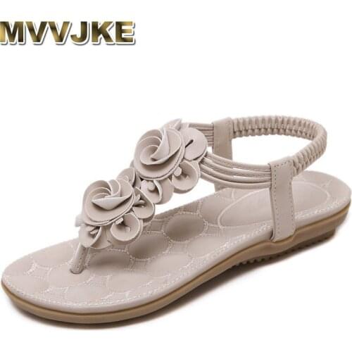 MVVJKE Women Sandals Black/Apricot Flowers Flip Flops Summer Shoes Woman Bohemia Elastic Band Flat Heels