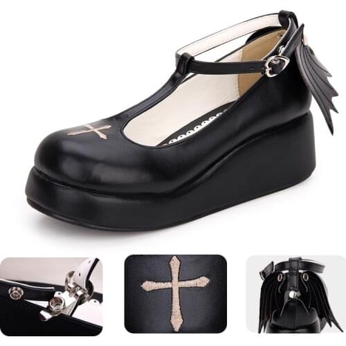 New Japanese Style Lolita Shoes Anime Cosplay Shoes/Boots Girls Platform Shoes w/Cross Angel Wings Women Shoes Black Size 35- 40