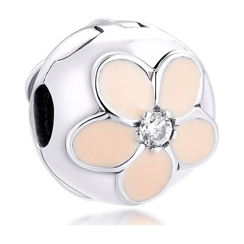 Fits for Pandora Charms Bracelets Floral Clip Beads with Pink Enamel 100% 925 Sterling Silver Jewelry Free Shipping