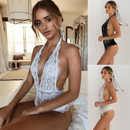 Popular Sexy Deep V Perspective Hanging Neck Embroidery Bodysuit Body Slimmer Open Back Women Onesies Underwear