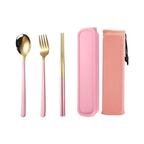 Portable Cutlery Kit 304 Stainless Steel Gold Picnic Dinnerware Set Knife Fork Travel Tableware Chopsticks with Bags