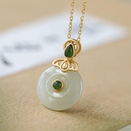Silver natural Hetian jade pendant necklace Chinese style retro unique ancient gold craftsmanship womens brand jewelry