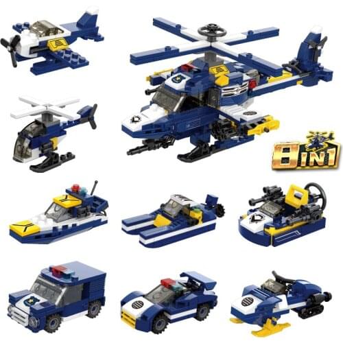 Xingbao 57001 City Police Series 8 IN 1 Police Helicopter Sets Building Blocks MOC Bricks Snowmobile Motor Boats Car Model Kits