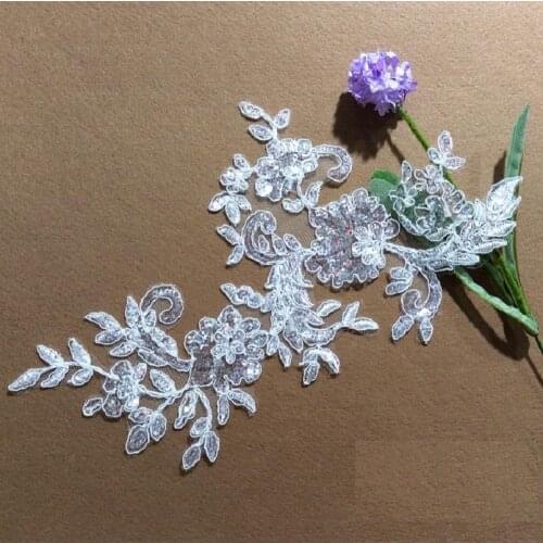 YACKALASI 5 Pairs/Lot Bridal Trims Sequined Wedding Appliqued Sequins Flower Mirror Pairs White Patches Sewing Trims 27*21.5cm