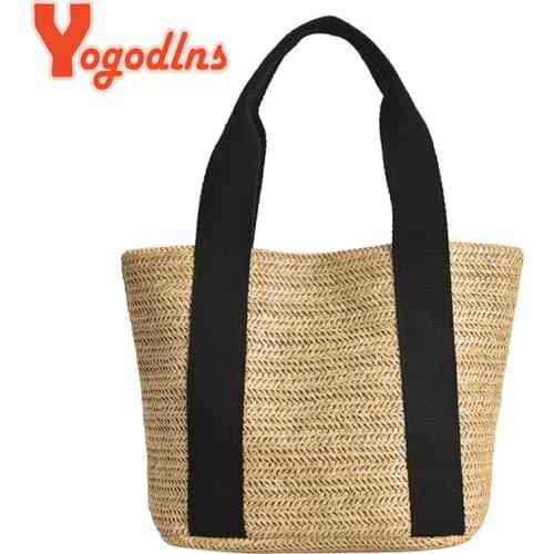 Yogodlns Summer Hot Straw Bag Women Woven Handmade Shoulder Bag Rattan Beach Bag Casual Lady Vacation Handbag Patchwork Totes