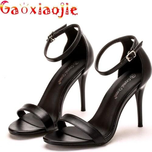 Simple One Word Band Summer Office Sandals Fashion Women Cover Heel 9.5CM Stilettos Sexy Buckle Strap Elegant High-Heel Shoes