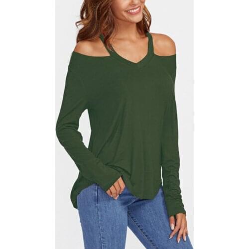 Women Clothes 2019 New Loose Solid Color Off Shoulder Long Sleeve Halter T-shirt Black Wine Red Army Green Ladies Tops 3XL