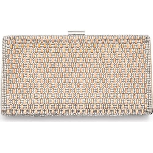 Woman Clutch Bag Metal Frame Evening Hard Case Hand Bag Sparkling Rhinestones Slim Shining Paillette Decor Shoulder Bag Gold