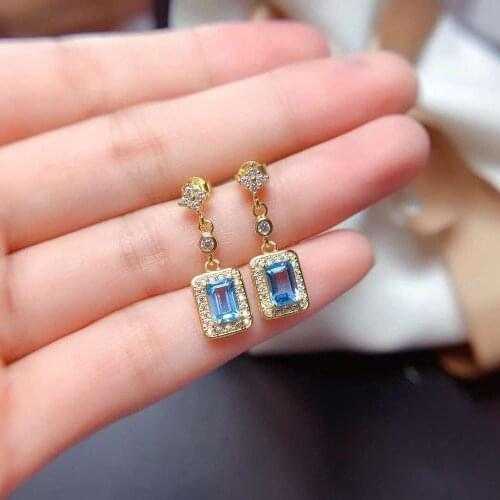 High Quality London Blue Topaz S925 Sterling Silver Square Gem Earrings Fine Fashion Jewelry for Women Free Shipping MeibaPJFS