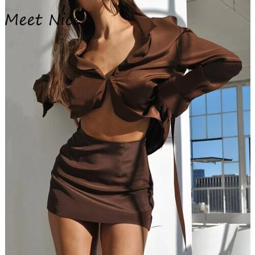 2 Two Piece Set Women Sexy Long Sleeve V Neck Shirt and Mini Skirt Two Piece Set Party Club Office Ladies Clothes Outfits