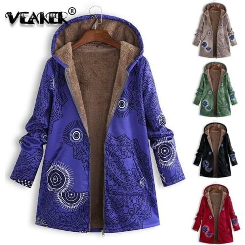 New Plus Size Women Fleece Hooded Coats Wool Jacket Winter Outwear Warm Thick Floral Print Hooded Pockets Vintage Oversize Coats