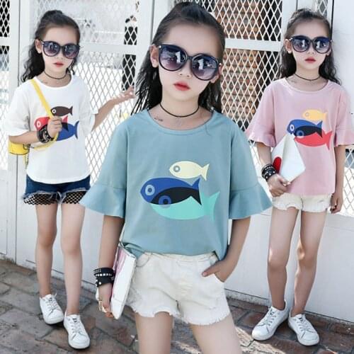 2018 Baby girls clothes t-shirt cotton cartoon 3 fish girls tops Summer leisure children Short sleeve t shirts 3 6 8 10 11 years