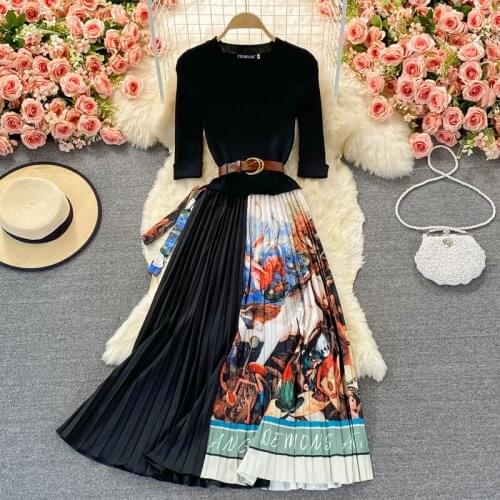 Amolapha 2021 Ladies' Heavy Work High Waist Printed Floral Knitted Patchwork Vintage Fashion Party Ballgown Long Dress