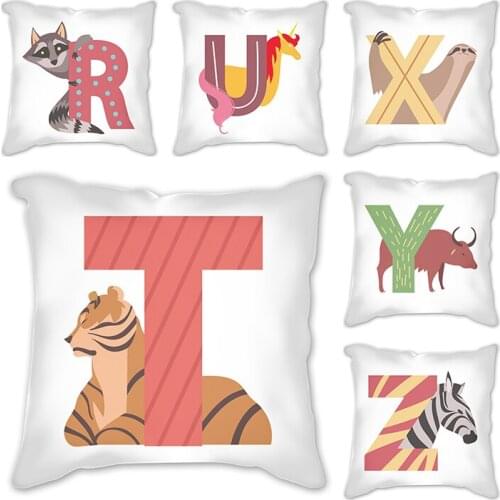 26 Letter Flower Printed Pillow Case 45x45 cm Cushion Cover Kids Room Decoration English Alphabet Serpent Cat Tiger Pillowcases