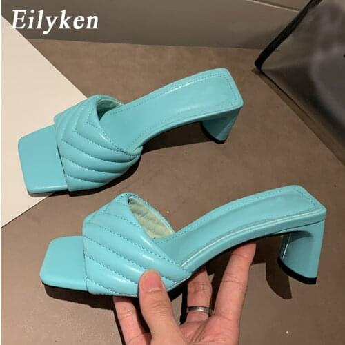 Eilyken Summer New Women Slipper Square Toe High Heel Outdoor Fashion Brand Pu Leather Beach Slide Holiday Leisure Elegant Shoes