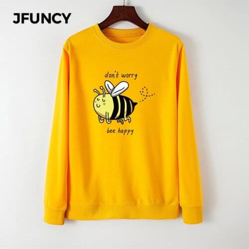 JFUNCY Plus Size Women Hoodies O-Neck Long Sleeve Female Pullover Woman Casual Hoody Bee Happy Print Autumn Mujeres Sweatshirt