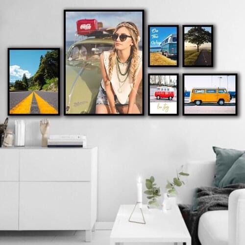 Summer retro bus girl traveling Nordic Style Wall Art Canvas Print Painting Modern Living Room Decor Picture