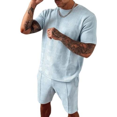 Plaid Print Sports Suit Short Sleeve Two Piece O-neck T-shirt Shorts Men Loose Sweat Suit Activewear