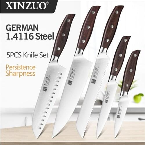 XINZUO High Carbon Germany 1.4116 Stainless Steel 5PCS Kitchen Knife Set High Quality Red Sandalwood Handle Cooking Slicing Tool