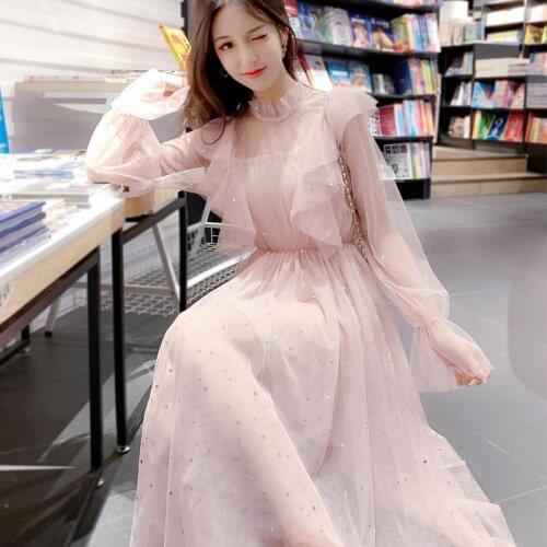 New Shiny Women Dress Sequined Transparent Loose A Line Mesh Elegant Solid Spring Autumn Fashion Slim Korean Style Dresses E141